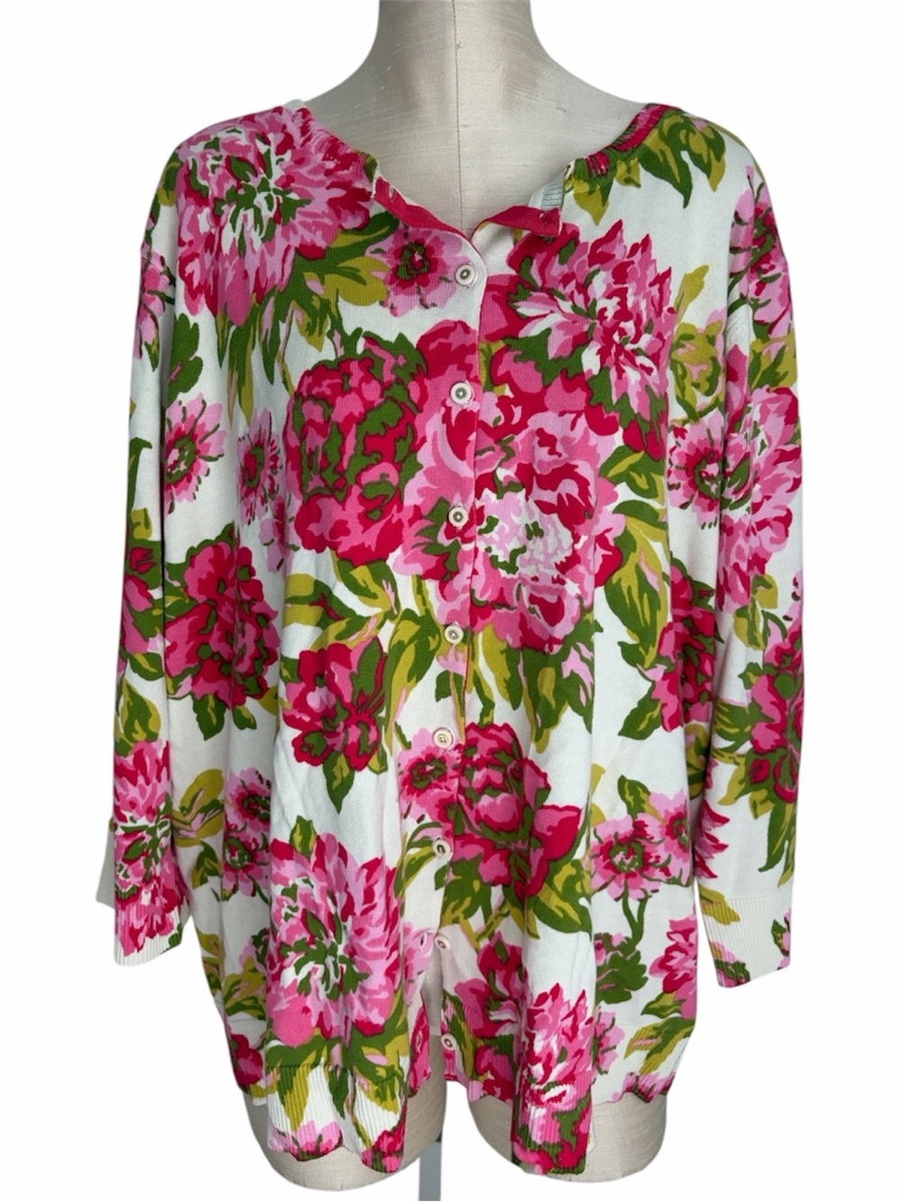 Isaac Mizrahi Live! Pink Floral Button-Front 100% Cotton Cardigan Size 3X